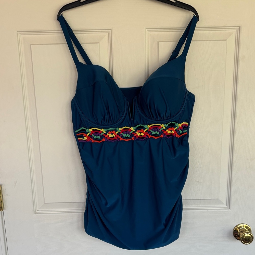Cacique Teal Swimsuit Top with Multicolor Braided Trim